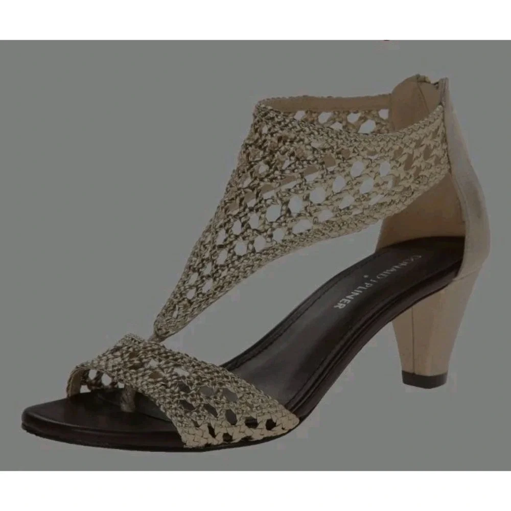 Donald J Pliner 9 'Verona' Metallic Gold Basket Weave Open Toe Mid Heel Shoe